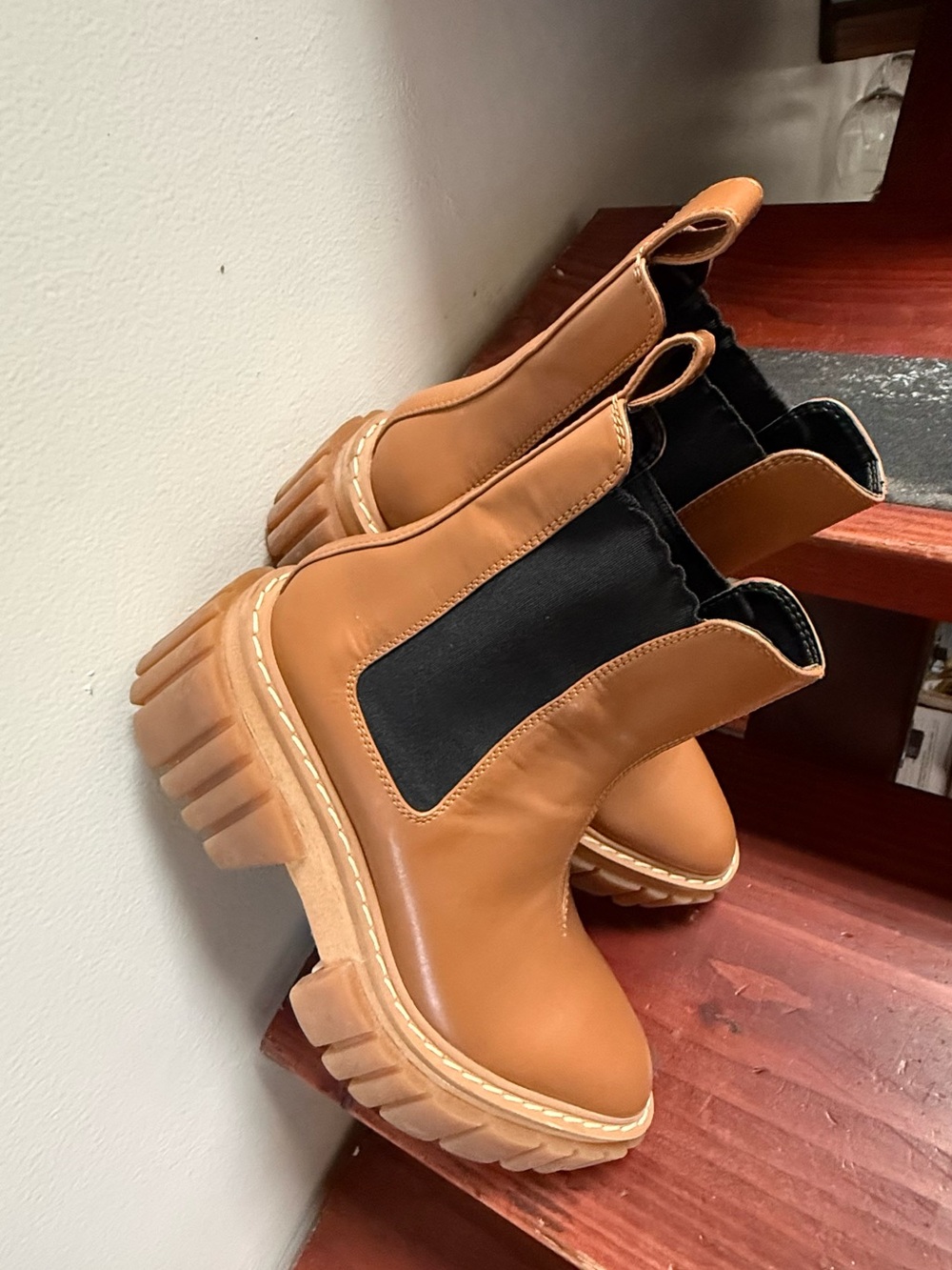 Stella McCartney Tan Platform Chelsea Lug Boots with Black Panels